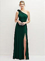 Front View Thumbnail - Hunter Green Handworked Flower Trimmed One-Shoulder Chiffon Maxi Dress