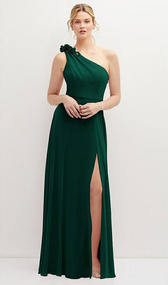 Front View - Hunter Green Handworked Flower Trimmed One-Shoulder Chiffon Maxi Dress