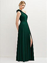 Side View Thumbnail - Hunter Green Handworked Flower Trimmed One-Shoulder Chiffon Maxi Dress