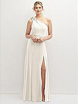 Front View Thumbnail - Ivory Handworked Flower Trimmed One-Shoulder Chiffon Maxi Dress