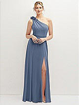Front View Thumbnail - Larkspur Blue Handworked Flower Trimmed One-Shoulder Chiffon Maxi Dress