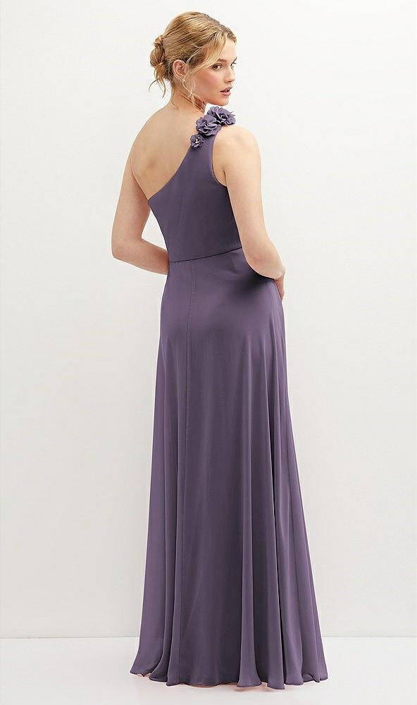 Back View - Lavender Handworked Flower Trimmed One-Shoulder Chiffon Maxi Dress