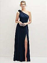 Front View Thumbnail - Midnight Navy Handworked Flower Trimmed One-Shoulder Chiffon Maxi Dress