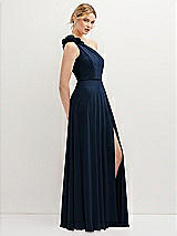 Side View Thumbnail - Midnight Navy Handworked Flower Trimmed One-Shoulder Chiffon Maxi Dress