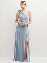 Front View Thumbnail - Mist Handworked Flower Trimmed One-Shoulder Chiffon Maxi Dress