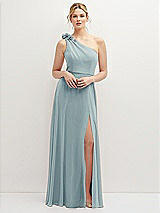 Front View Thumbnail - Morning Sky Handworked Flower Trimmed One-Shoulder Chiffon Maxi Dress