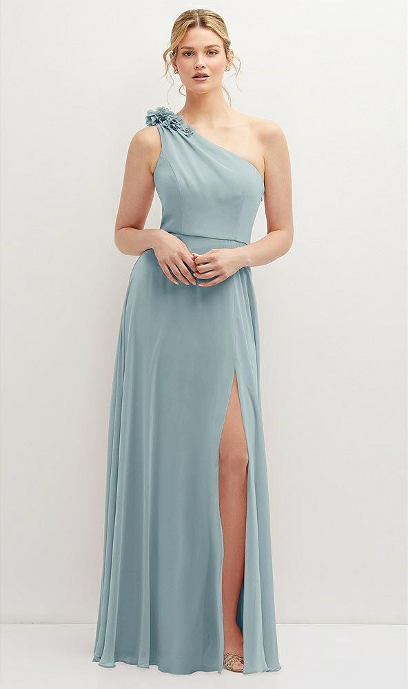 Front View - Morning Sky Handworked Flower Trimmed One-Shoulder Chiffon Maxi Dress