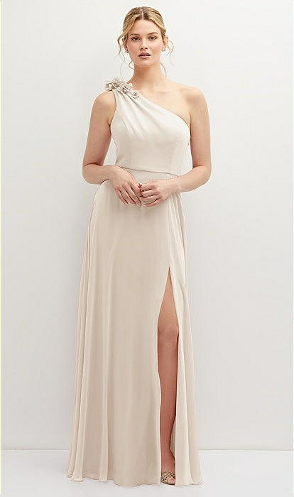 Handworked Flower Trimmed One-Shoulder Chiffon Maxi Dress