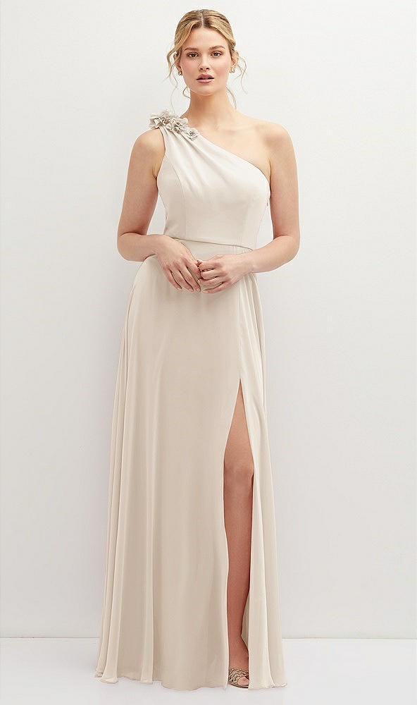 Front View - Oat Handworked Flower Trimmed One-Shoulder Chiffon Maxi Dress