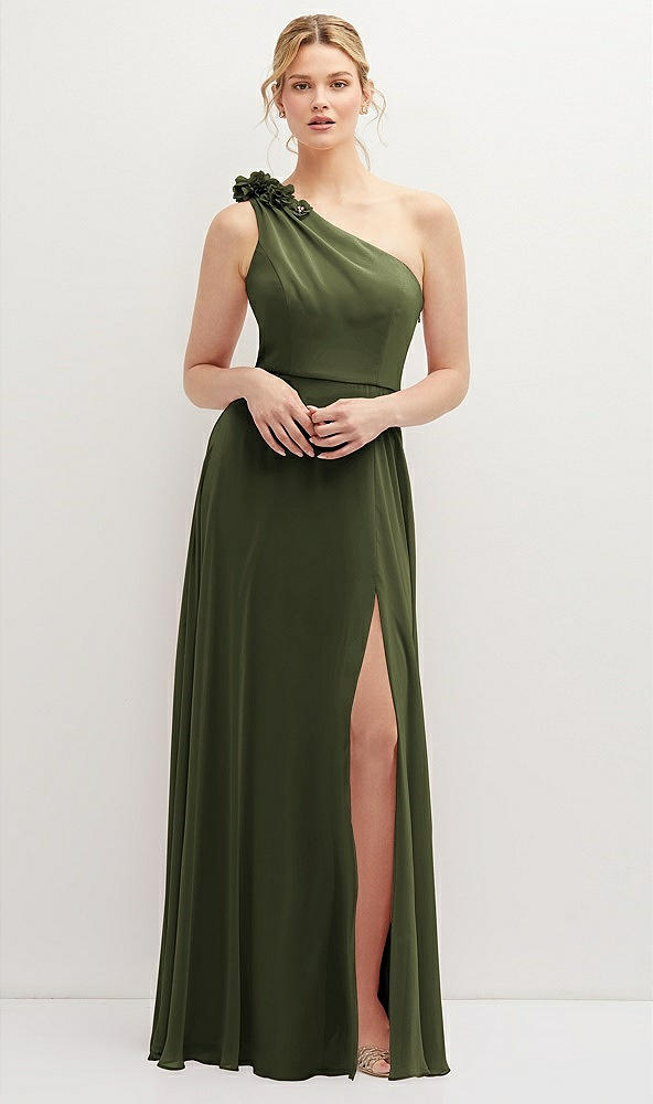 Front View - Olive Green Handworked Flower Trimmed One-Shoulder Chiffon Maxi Dress
