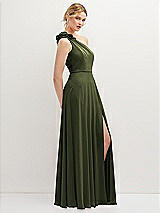 Side View Thumbnail - Olive Green Handworked Flower Trimmed One-Shoulder Chiffon Maxi Dress