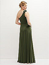 Rear View Thumbnail - Olive Green Handworked Flower Trimmed One-Shoulder Chiffon Maxi Dress