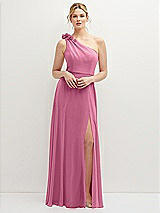 Front View Thumbnail - Orchid Pink Handworked Flower Trimmed One-Shoulder Chiffon Maxi Dress