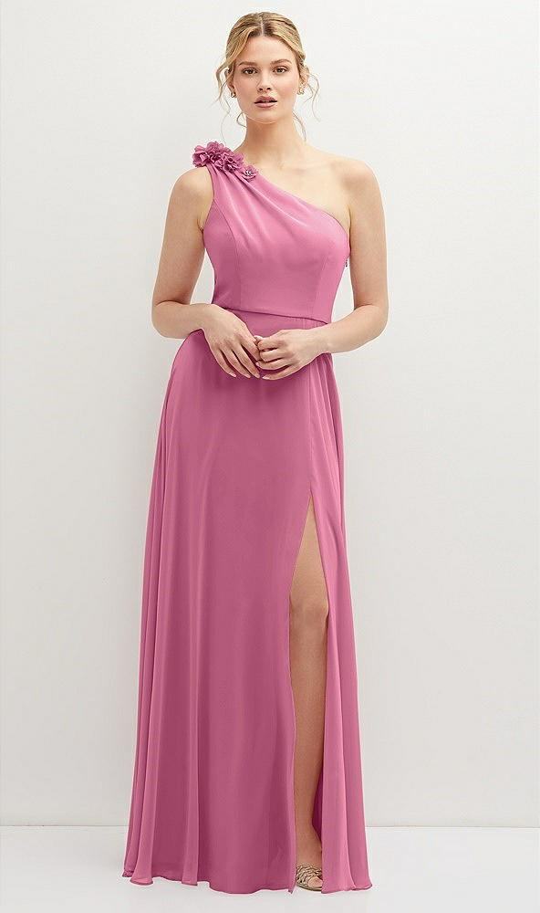 Front View - Orchid Pink Handworked Flower Trimmed One-Shoulder Chiffon Maxi Dress