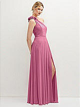 Side View Thumbnail - Orchid Pink Handworked Flower Trimmed One-Shoulder Chiffon Maxi Dress