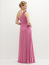 Rear View Thumbnail - Orchid Pink Handworked Flower Trimmed One-Shoulder Chiffon Maxi Dress