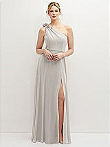 Front View Thumbnail - Oyster Handworked Flower Trimmed One-Shoulder Chiffon Maxi Dress
