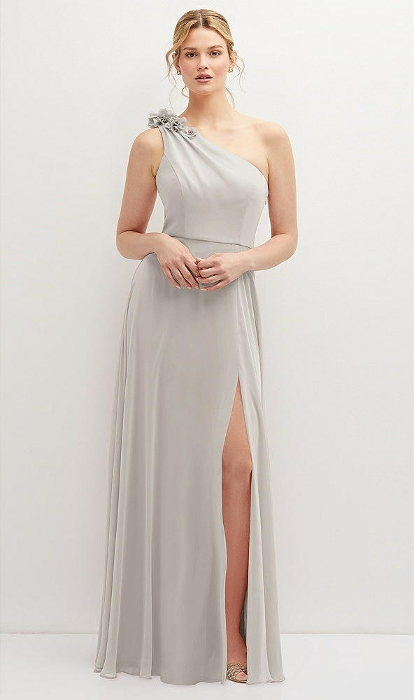 Front View - Oyster Handworked Flower Trimmed One-Shoulder Chiffon Maxi Dress