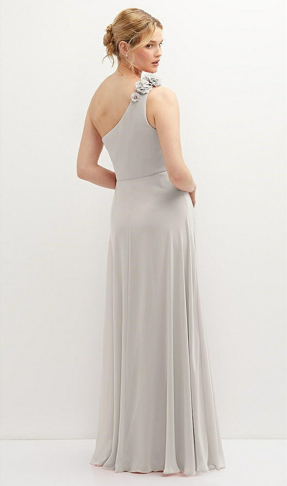 Back View - Oyster Handworked Flower Trimmed One-Shoulder Chiffon Maxi Dress