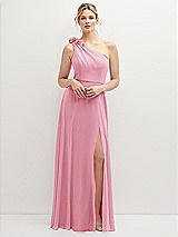 Front View Thumbnail - Peony Pink Handworked Flower Trimmed One-Shoulder Chiffon Maxi Dress