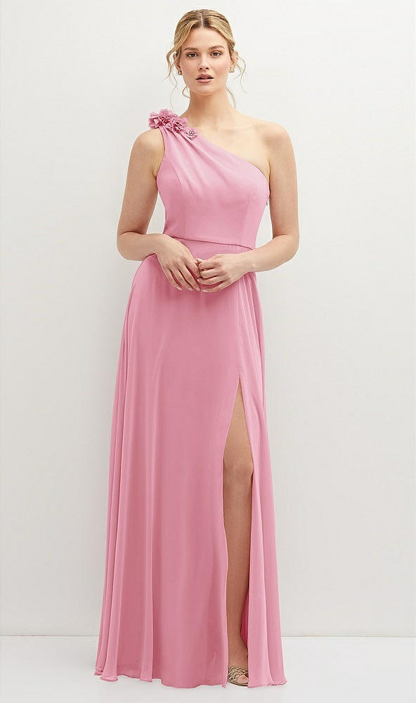 Front View - Peony Pink Handworked Flower Trimmed One-Shoulder Chiffon Maxi Dress