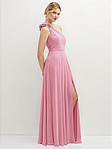 Side View Thumbnail - Peony Pink Handworked Flower Trimmed One-Shoulder Chiffon Maxi Dress