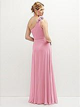 Rear View Thumbnail - Peony Pink Handworked Flower Trimmed One-Shoulder Chiffon Maxi Dress