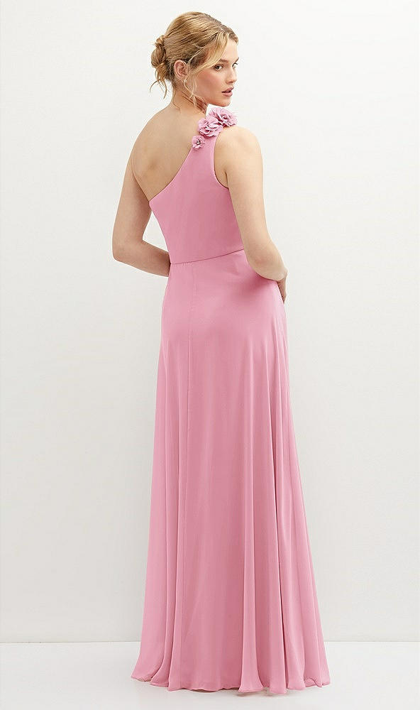 Back View - Peony Pink Handworked Flower Trimmed One-Shoulder Chiffon Maxi Dress