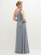 Rear View Thumbnail - Platinum Handworked Flower Trimmed One-Shoulder Chiffon Maxi Dress