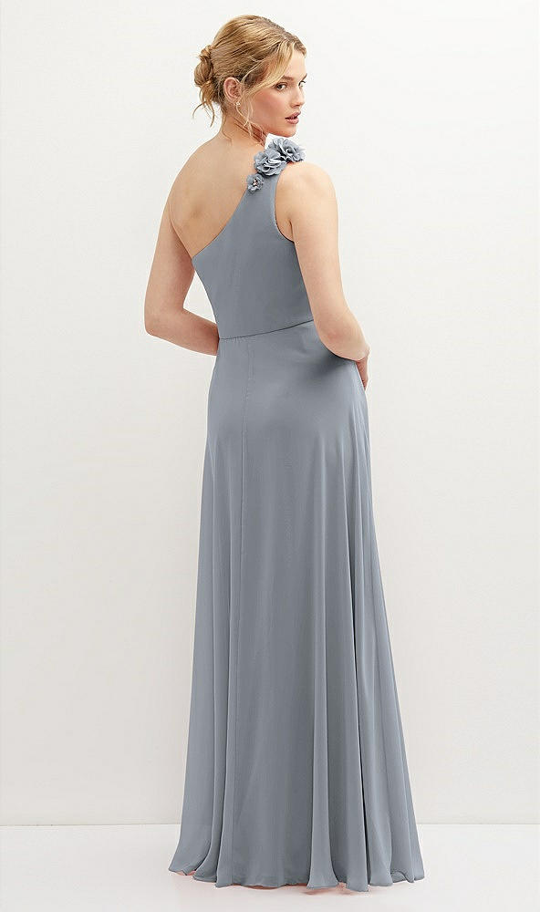 Back View - Platinum Handworked Flower Trimmed One-Shoulder Chiffon Maxi Dress