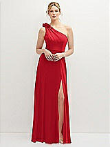 Front View Thumbnail - Parisian Red Handworked Flower Trimmed One-Shoulder Chiffon Maxi Dress
