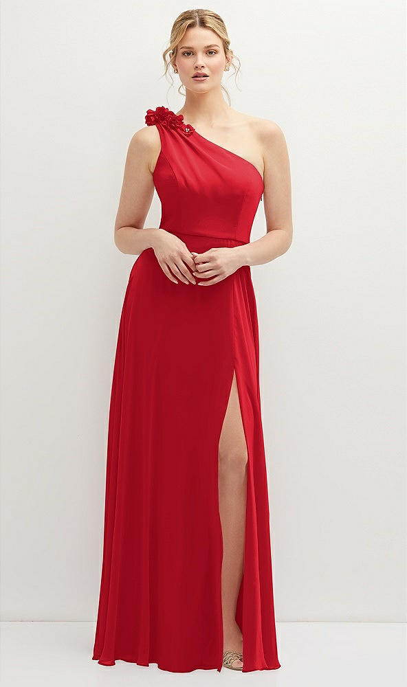 Front View - Parisian Red Handworked Flower Trimmed One-Shoulder Chiffon Maxi Dress