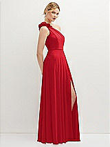Side View Thumbnail - Parisian Red Handworked Flower Trimmed One-Shoulder Chiffon Maxi Dress