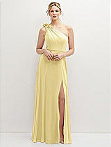 Front View Thumbnail - Pale Yellow Handworked Flower Trimmed One-Shoulder Chiffon Maxi Dress