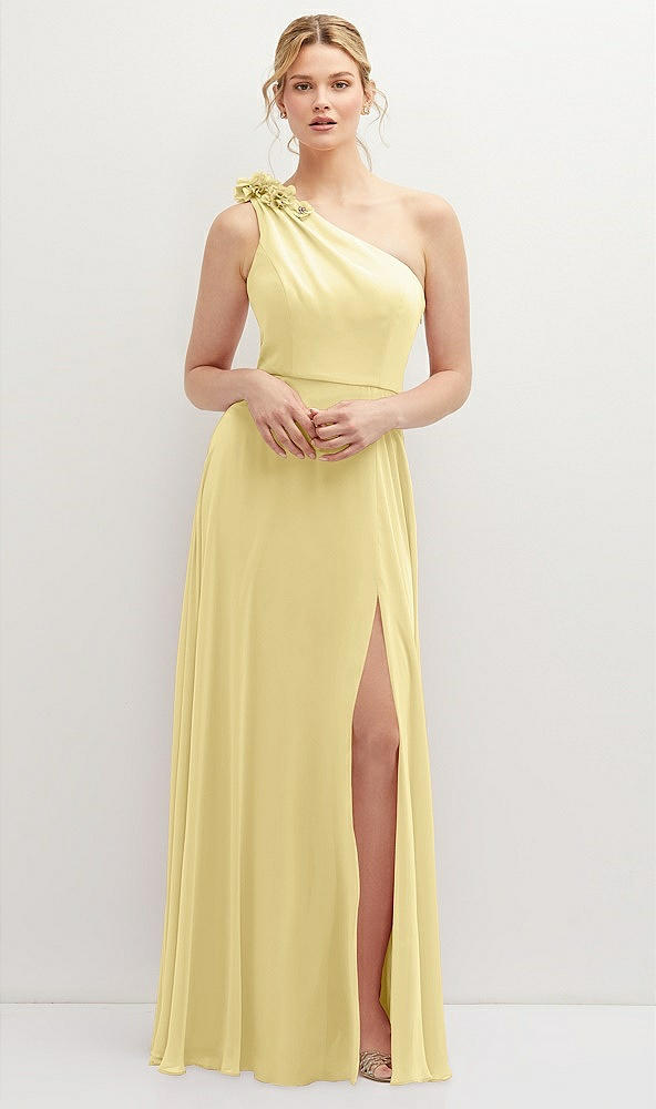 Front View - Pale Yellow Handworked Flower Trimmed One-Shoulder Chiffon Maxi Dress