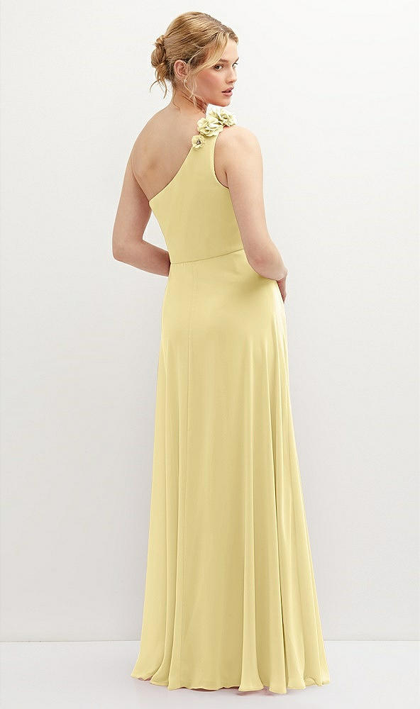 Back View - Pale Yellow Handworked Flower Trimmed One-Shoulder Chiffon Maxi Dress