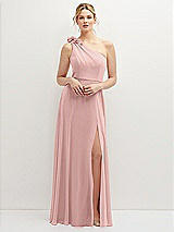 Front View Thumbnail - Rose - PANTONE Rose Quartz Handworked Flower Trimmed One-Shoulder Chiffon Maxi Dress