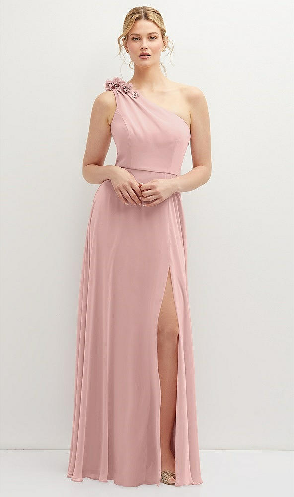 Front View - Rose - PANTONE Rose Quartz Handworked Flower Trimmed One-Shoulder Chiffon Maxi Dress
