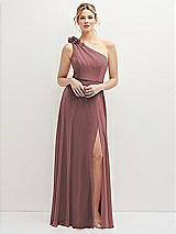 Front View Thumbnail - Rosewood Handworked Flower Trimmed One-Shoulder Chiffon Maxi Dress