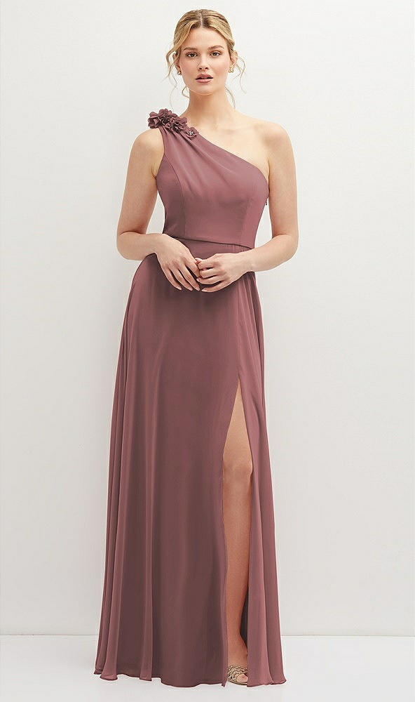 Front View - Rosewood Handworked Flower Trimmed One-Shoulder Chiffon Maxi Dress