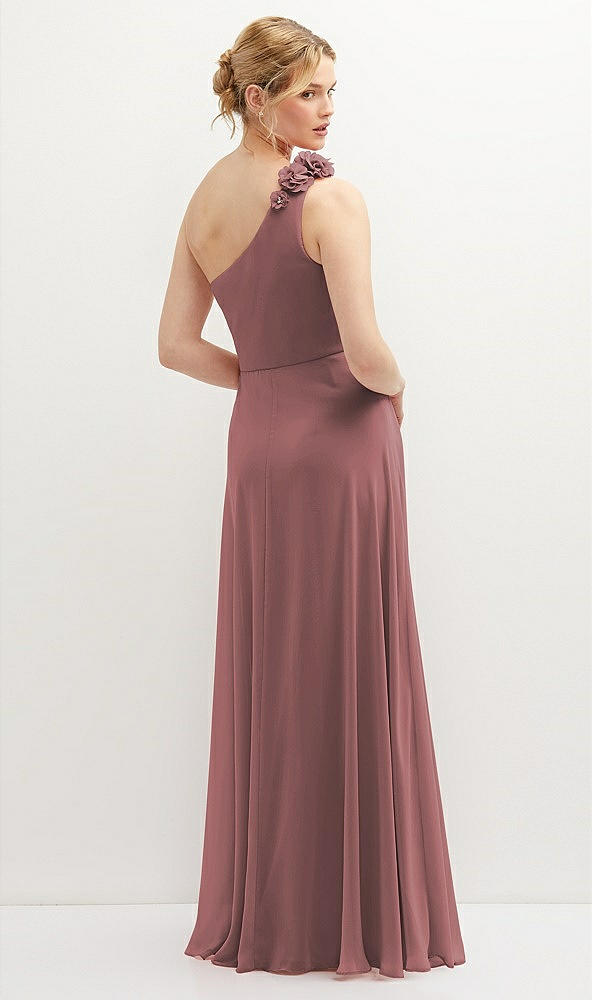 Back View - Rosewood Handworked Flower Trimmed One-Shoulder Chiffon Maxi Dress