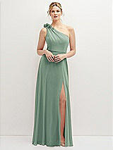 Front View Thumbnail - Seagrass Handworked Flower Trimmed One-Shoulder Chiffon Maxi Dress