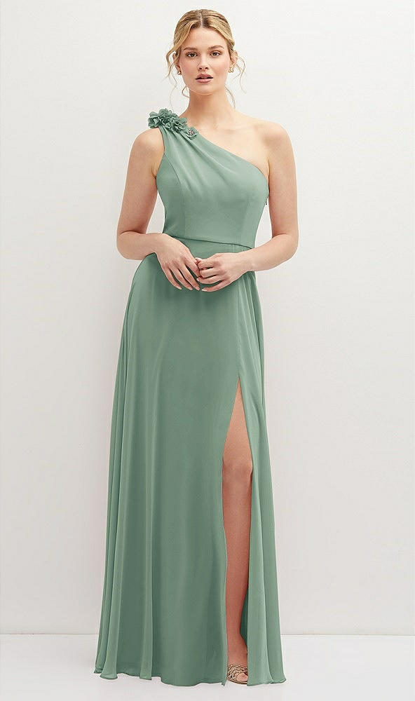 Front View - Seagrass Handworked Flower Trimmed One-Shoulder Chiffon Maxi Dress