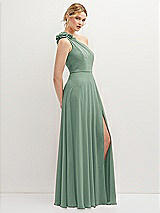 Side View Thumbnail - Seagrass Handworked Flower Trimmed One-Shoulder Chiffon Maxi Dress