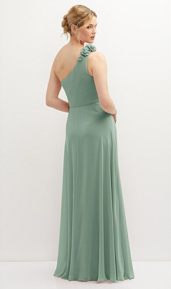 Back View - Seagrass Handworked Flower Trimmed One-Shoulder Chiffon Maxi Dress