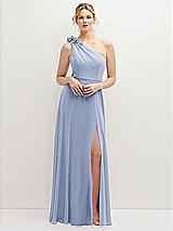 Front View Thumbnail - Sky Blue Handworked Flower Trimmed One-Shoulder Chiffon Maxi Dress