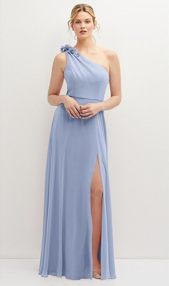 Front View - Sky Blue Handworked Flower Trimmed One-Shoulder Chiffon Maxi Dress