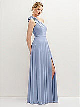 Side View Thumbnail - Sky Blue Handworked Flower Trimmed One-Shoulder Chiffon Maxi Dress