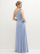 Rear View Thumbnail - Sky Blue Handworked Flower Trimmed One-Shoulder Chiffon Maxi Dress