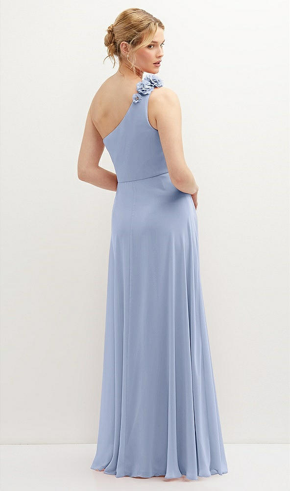 Back View - Sky Blue Handworked Flower Trimmed One-Shoulder Chiffon Maxi Dress